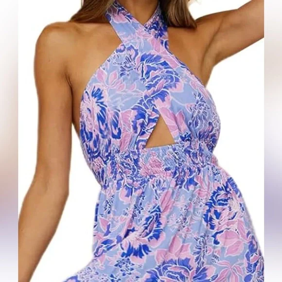 Zesica pink and blue floral halter tiered maxi dress NWT medium - Picture 2 of 10